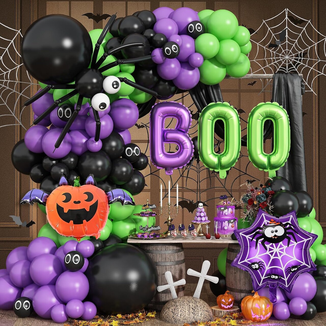 Halloween Balloon Garland Arch Kit – 131PCS Purple, Green & Black Balloons with BOO Letters, Bat & Spider Web Foil Balloons, Spooky Eyeball Balloons for Halloween Party Decorations Indoor & Outdoor